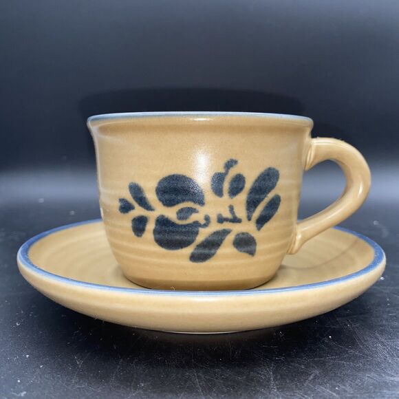 Pfaltzgraff Folk Art Coffe/Tea Cup & Saucer Set Floral Blue/Tan-replacement dish - Picture 1 of 16